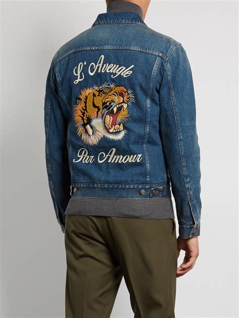 gucci tiger jacket mens|gucci denim jacket with embroideries.